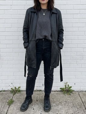 90s Black Leather Jacket Tie Waist 90s Minimalist Grunge Open Front Coat Large